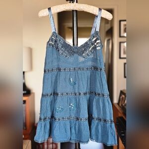 Free People Blue Embroidered Tiered Camisole